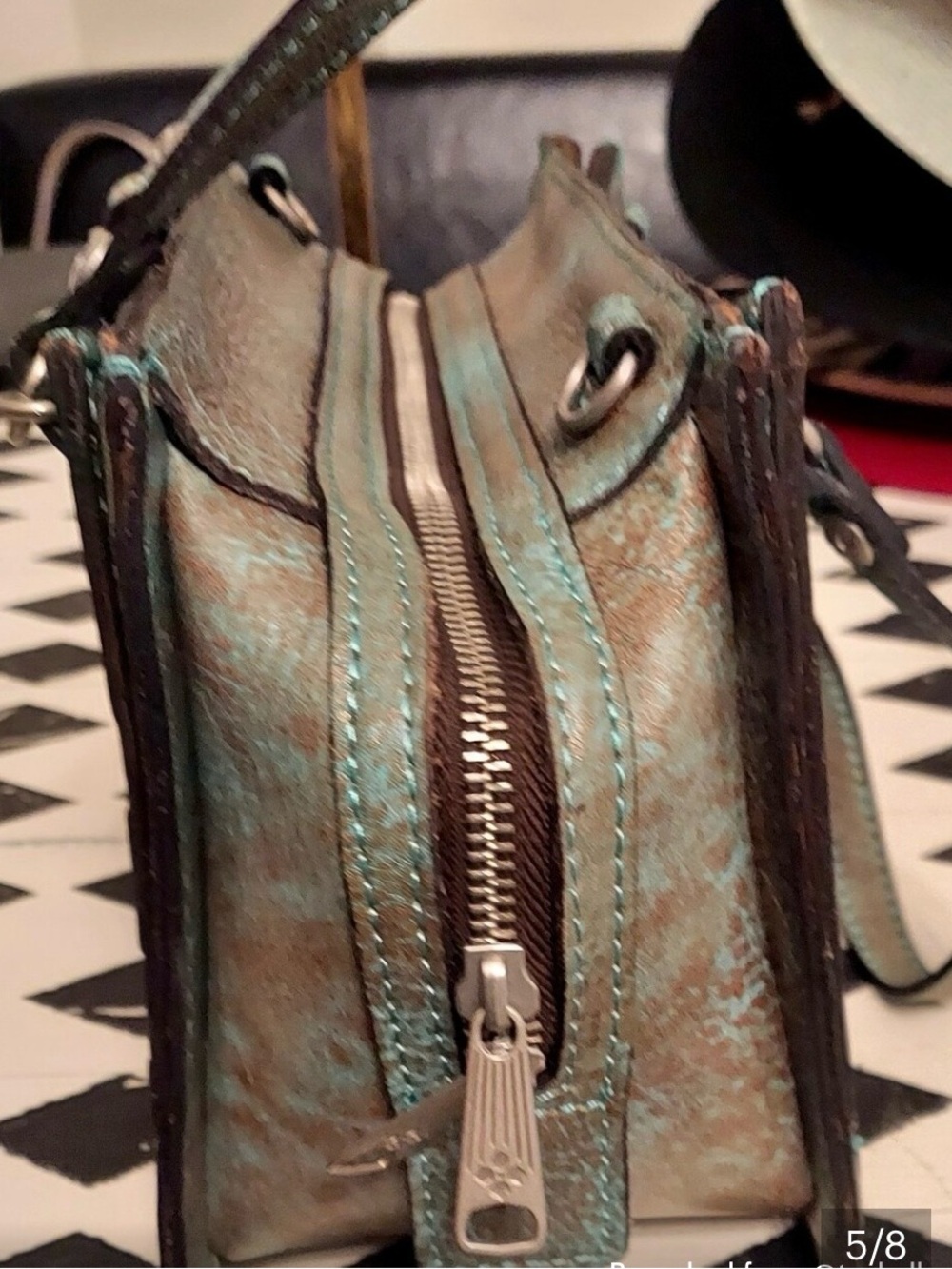 Patricia Nash Turquoise and Brown Tooled Leather Satchel - Picture 7 of 8